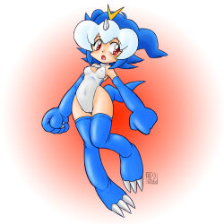 Rule 34 | blue hair, blush, breasts, claws, cleavage cutout, clothing cutout, covered erect nipples, digimon, elbow gloves, facial mark, fang, gloves, highleg, highleg leotard, knees together feet apart, leotard, morinon (pixiv), multicolored hair, personification, red eyes, short hair, signature, skin tight, tail, thighhighs, tight clothes, two-tone hair, v-mon, white hair