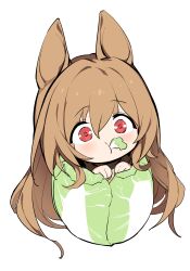 Rule 34 | 1girl, absurdres, animal ears, arknights, brown hair, cabbage, ceobe (arknights), chibi, commentary request, dog ears, eating, food in mouth, hair between eyes, highres, kinbakuman, long hair, red eyes, solo, white background