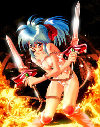 Rule 34 | blue hair, boots, breasts, chain, convenient censoring, corque lans, crossed arms, dual wielding, faussete amour, fire, holding, holding sword, holding weapon, long hair, makino ryuuichi, medium breasts, nipples, nude, ponytail, red eyes, ryuichi makino, solo, sword, tangle, torn clothes, weapon