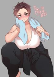 Rule 34 | 1girl, 2021, agawa ryou, blush, breasts, brown eyes, brown hair, cleavage, commentary, curvy, dated, english commentary, grey background, huge breasts, looking at viewer, original, pants, shirt, short hair, signature, simple background, solo, sweat, sweatpants, thick eyebrows, thick thighs, thighs, towel, white shirt