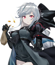Rule 34 | 1girl, absurdres, arknights, bag, black gloves, coin, eyebrows hidden by hair, gloves, grey hair, highres, holding, holding bag, jacket, long hair, ponytail, red eyes, scar, scar on face, simple background, skadi (arknights), skadi (elite ii) (arknights), solo, white background, xiudie