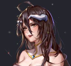 Rule 34 | 1girl, :d, ahoge, albedo (overlord), bad id, bad pixiv id, black background, black hair, breasts, brown eyes, choker, cleavage, hair between eyes, highres, horns, long hair, medium breasts, open mouth, overlord (maruyama), pauld, portrait, simple background, smile, solo, sparkle, strapless