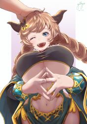 Rule 34 | 1girl, :d, blue eyes, bracelet, braid, breasts, carmelina (granblue fantasy), clothing cutout, draph, gollizo, granblue fantasy, headpat, highres, hip vent, horns, jewelry, large breasts, light brown hair, long hair, one eye closed, open mouth, pointy ears, side slit, signature, smile, solo focus, stomach, stomach cutout, twin braids, underboob, upper body