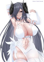 Rule 34 | 1girl, arm behind head, arm up, armpits, august von parseval (azur lane), azur lane, black horns, breasts, center opening, cleavage, clothing cutout, covered erect nipples, curled horns, detached sleeves, dress, dress flower, flower, hair over one eye, highres, horns, huge breasts, kuroakei, long hair, mechanical horns, no panties, purple eyes, purple hair, see-through, see-through dress, simple background, solo, stomach cutout, thighhighs, very long hair, wedding dress, white background, white dress, white flower, white thighhighs