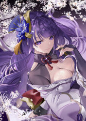 1girl akatsuki_hijiri braid breasts bridal_gauntlets cleavage closed_mouth commentary_request flower genshin_impact hair_ornament highres japanese_clothes kimono large_breasts long_hair long_sleeves looking_at_viewer looking_up mole mole_under_eye nail_polish purple_eyes purple_hair purple_kimono purple_nails raiden_shogun solo