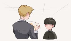 Rule 34 | 2boys, black eyes, black hair, blonde hair, blunt bangs, bowl cut, closed mouth, commentary, cropped torso, drawing, english commentary, gakuran, grey background, grey jacket, highres, holding, jacket, kageyama shigeo, long sleeves, looking at another, male focus, mob psycho 100, mp100days, multiple boys, reigen arataka, school uniform, short hair, simple background, smile, upper body