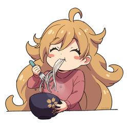Rule 34 | 1girl, :t, ^ ^, ahoge, amaama to inazuma, asada hachi, banned artist, blonde hair, blush stickers, bowl, child, closed eyes, commentary, dot nose, eating, facing viewer, food, fork, hand up, happy, highres, holding, holding bowl, holding fork, inuzuka tsumugi, long hair, long sleeves, noodles, red shirt, shirt, simple background, solo, twitter username, upper body, very long hair, watermark, white background