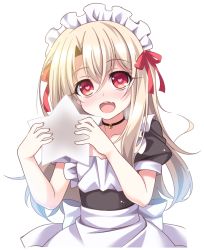 Rule 34 | 1girl, alternate costume, aoi masami, apron, blonde hair, blush, collarbone, enmaided, fate/stay night, fate (series), floating hair, hair between eyes, hair ribbon, heart, heart-shaped pupils, holding, illyasviel von einzbern, long hair, maid, maid headdress, open mouth, red eyes, red ribbon, ribbon, short sleeves, simple background, solo, symbol-shaped pupils, white apron, white background