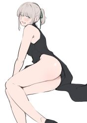 Rule 34 | 1boy, alternate costume, aqua eyes, ass, black dress, black footwear, blonde hair, blue eyes, blush, china dress, chinese clothes, crossdressing, dress, fate/grand order, fate (series), grey hair, hair ribbon, highres, looking at viewer, male focus, oberon (fate), open mouth, ponytail, ribbon, sausu hitori, simple background, sleeveless, sleeveless dress, solo, sweat, trap, white background