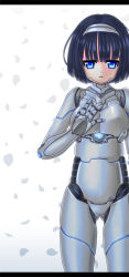 Rule 34 | 1girl, android, black hair, blue eyes, hand on own chest, joints, kurogane daichi, letterboxed, original, robot, robot joints, solo
