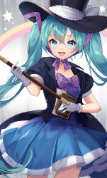Rule 34 | 1girl, absurdres, alaya0130, aqua eyes, aqua hair, black hat, black jacket, blue dress, book, bow, collarbone, commentary, cowboy shot, dress, gloves, grimoire, hat, hat ribbon, hatsune miku, highres, holding, holding book, holding staff, jacket, lips, long hair, looking at viewer, magical mirai (vocaloid), magical mirai miku, magical mirai miku (2013), purple bow, purple ribbon, ribbon, short-sleeved jacket, short sleeves, smile, solo, staff, star (symbol), teeth, top hat, twintails, upper teeth only, very long hair, vocaloid, white gloves