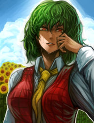 Rule 34 | 1girl, after rain, ascot, blue sky, breasts, collared shirt, day, flower, garden of the sun, green hair, grin, hair between eyes, hand on own face, highres, kazami yuuka, large breasts, lips, long sleeves, looking at viewer, open clothes, open vest, parted lips, plaid, plaid vest, rapuka, red eyes, shirt, short hair, sky, smile, solo, sunflower, teeth, touhou, upper body, vest, wavy hair, wet, wet clothes