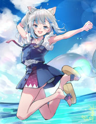Rule 34 | 1girl, :d, ahoge, animal ears, bare legs, blue eyes, blue hair, blue skirt, blurry, bokeh, buttons, cat ears, cloud, cloudy sky, depth of field, fins, fish tail, frilled shirt, frills, full body, gawr gura, gawr gura (casual), hololive, hololive english, jumping, looking at viewer, medium hair, minimaru, miniskirt, multicolored hair, ocean, official alternate costume, open mouth, outdoors, outstretched arm, sandals, shark girl, shark tail, shirt, short sleeves, side ponytail, signature, silver hair, skirt, skirt set, sky, smile, solo, streaked hair, suspenders, tail, virtual youtuber, water, white shirt