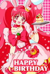 Rule 34 | 1girl, :d, animal ears, breasts, cake, choker, collarbone, commentary, cure whip, dress, english text, extra ears, food, frilled dress, frills, gloves, hair ornament, happy birthday, highres, holding, holding plate, kirakira precure a la mode, magical girl, open mouth, pink gloves, plate, precure, puffy short sleeves, puffy sleeves, rabbit ears, red choker, red eyes, red hair, short sleeves, smile, solo, strawberry shortcake, tatsumi kyouhei, twintails, usami ichika