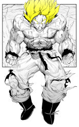 Rule 34 | 1boy, abs, absurdres, biceps, blonde hair, blood, boots, clenched hands, clenched teeth, dragon ball, dragonball z, electricity, flying, full body, highres, male focus, monochrome, muscular, muscular male, niwarhythm, pants, pectorals, sanpaku, solo, son goku, super saiyan, teeth, torn clothes, torn pants, wide-eyed, wristband, yellow eyes, yellow theme