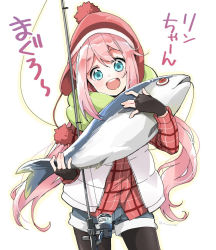 Rule 34 | 1girl, :d, beanie, black gloves, black pantyhose, blue eyes, blue shorts, blush, cowboy shot, fingerless gloves, fish, fishing rod, gloves, green scarf, hat, head tilt, holding, kagamihara nadeshiko, long hair, long sleeves, looking at viewer, low twintails, manishi mari, open mouth, outline, pantyhose, pink hair, plaid, plaid shirt, red shirt, scarf, shirt, short shorts, shorts, smile, solo, translated, tuna, twintails, twitter username, very long hair, white background, yurucamp