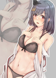 Rule 34 | 1girl, aga marino, black bra, black hair, black panties, blush, bra, breasts, hair between eyes, hair ornament, headgear, japanese clothes, jewelry, kantai collection, large breasts, multiple views, navel, open clothes, open mouth, panties, red eyes, ring, short hair, underwear, wedding band, wide sleeves, yamashiro (kancolle)