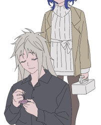 Rule 34 | 1boy, 1girl, bad id, bad twitter id, black shirt, blue hair, box, brown jacket, brown pants, closed eyes, closed mouth, collared shirt, condom, condom wrapper, facing viewer, grey hair, head out of frame, highres, holding, holding box, holding condom, holding needle, jacket, king of prism, king of prism by prettyrhythm, long hair, long sleeves, needle, pants, pretty rhythm, pretty series, rinne (pretty rhythm), sabotaged condom, shine (pretty series), shirt, short hair, simple background, smile, standing, sweater, turtleneck, turtleneck sweater, white background, white sweater, zashima