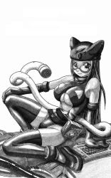 Rule 34 | 1girl, 666 satan, animal ears, animal hat, bare shoulders, belt, belt pouch, bodysuit, cat ears, cat tail, elbow gloves, glasses, gloves, graphite (medium), greyscale, hat, keyboard, keyboard (computer), long hair, monochrome, pouch, simple background, solo, tail, tool belt, traditional media, utility belt, white background