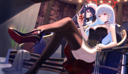 Rule 34 | 2girls, absurdres, alternate costume, black dress, black hair, black thighhighs, blue archive, blurry, braid, breasts, building, chaise longue, choker, cocktail dress, crossed legs, cup, cushion, demon horns, demon tail, demon wings, depth of field, dress, drinking glass, dutch angle, enmaided, fuuka (blue archive), grey hair, hair on horn, halo, haruna (blue archive), high heels, highres, holding, holding cup, horns, indoors, long hair, long sleeves, looking at viewer, maid, maid headdress, medium breasts, mi7t0, multiple girls, red eyes, red halo, side braid, single wing, smile, sparkle, stiletto heels, tail, thighhighs, twintails, window, wine glass, wings