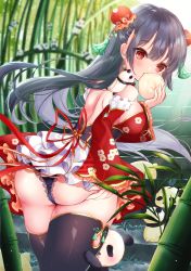 1girl, absurdres, animal, ass, back, bamboo, bamboo shoot, bangs, baozi, black hair, black legwear, black panties, blush, breasts, chinese clothes, commentary request, detached sleeves, double bun, dress, earrings, eating, floral print, food, frilled dress, frills, hair ornament, highres, holding, holding food, jewelry, lace, lace-trimmed panties, lace trim, long hair, medium breasts, original, panda, panties, red dress, red eyes, sideboob, solo, standing, thighhighs, thighs, tsukimiya sara, underwear, wide sleeves