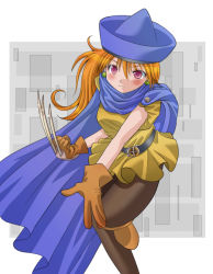Rule 34 | 1girl, alena (dq4), blush, boots, cape, chunsoft, claw (weapon), dragon quest, dragon quest iv, dress, earrings, enix, gloves, hat, jewelry, long hair, orange hair, pantyhose, red eyes, rian, short dress, solo, weapon