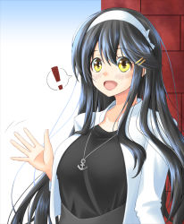 Rule 34 | !, 1girl, :d, anchor necklace, black hair, black shirt, blush, casual, grey skirt, hair between eyes, hair ornament, hairband, hairclip, haruna (kancolle), highres, jacket, kantai collection, looking at viewer, necklace, official alternate costume, open mouth, shinzaki kai, shirt, skirt, smile, solo, spoken exclamation mark, upper body, white hairband, white jacket, yellow eyes