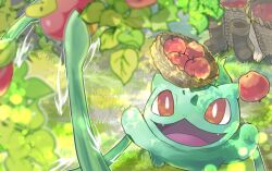 Rule 34 | apple, applin, basket, boots, bright pupils, bulbasaur, claws, commentary request, creatures (company), fang, food, from above, fruit, game freak, gen 1 pokemon, gen 8 pokemon, leaf, nintendo, no humans, nostrils, open mouth, outdoors, plant, pokemon, pokemon (creature), red apple, red eyes, solo, umipokemori, vines, white pupils