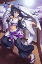 Rule 34 | 1girl, armpits, black eyes, black hair, black pants, braid, breasts, cleavage, closed mouth, cloud, commentary request, crop top, detached sleeves, fighting stance, full body, hakama, hakama pants, holding, holding sword, holding weapon, japanese clothes, katana, long hair, looking afar, medium breasts, midriff, natsuya (kuttuki), navel, outdoors, pants, porch, purple ribbon, ribbon, ribbon-trimmed sleeves, ribbon trim, sandals, side braid, solo, sword, tabi, venus blade, weapon, white legwear, white sleeves, wide sleeves, zouri