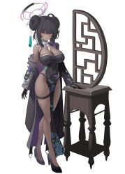 Rule 34 | 1girl, absurdres, alternate costume, alternate hairstyle, b-pang, black footwear, black gloves, black jacket, blue archive, breasts, brown eyes, china dress, chinese clothes, cleavage, covered navel, dark-skinned female, dark skin, detached collar, double bun, dress, full body, gloves, hair bun, halo, highres, jacket, karin (blue archive), large breasts, looking at viewer, necktie, open clothes, open jacket, revision, shoes, sidelocks, solo, standing, thigh strap, white necktie