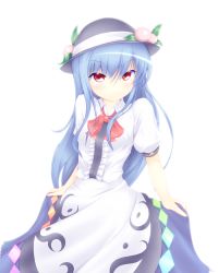Rule 34 | 1girl, blue hair, bow, female focus, food, fruit, hat, highres, hinanawi tenshi, josephine (twin tail rabbit), long hair, peach, red eyes, smile, solo, touhou, twin tail rabbit, very long hair