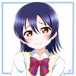 Rule 34 | 1girl, absurdres, artist name, artist request, blue border, blue hair, blush, border, bow, bowtie, breasts, brown eyes, close-up, collared shirt, female focus, hair between eyes, highres, long hair, looking at viewer, love live!, love live! school idol project, otonokizaka school uniform, parted lips, red bow, school uniform, shirt, short sleeves, small breasts, smile, solo, sonoda umi, striped, striped bow, sweater vest, upper body, vest, white background, white shirt, wing collar, worried, yellow eyes, yellow vest