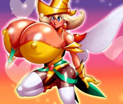 Rule 34 | 1girl, absurdres, areola slip, ass, bare shoulders, blonde hair, blue eyes, breast expansion, breasts, cleavage, covered erect nipples, duel monster, earrings, gigantic breasts, gloves, hat, highres, jewelry, large areolae, lemon magician girl, leotard, long hair, looking down, pantyhose, plump, shiny clothes, shiny skin, solo, thighhighs, white thighhighs, wizard hat, yellow gloves, yu-gi-oh!