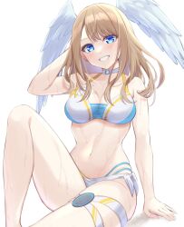 Rule 34 | 1girl, bare arms, bare shoulders, bikini, blue eyes, breasts, brown hair, choker, cleavage, eunie (xenoblade), grin, hand in own hair, hand up, head wings, highres, knee up, long hair, looking at viewer, medium breasts, navel, official alternate costume, shinae, simple background, sitting, smile, solo, stomach, swimsuit, thigh strap, thighs, white background, white bikini, white choker, wings, xenoblade chronicles (series), xenoblade chronicles 3