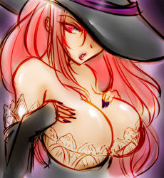 Rule 34 | breasts, cleavage, dragon&#039;s crown, elbow gloves, fingerless gloves, gloves, hat, hat over one eye, huge breasts, long hair, lonmiy, red eyes, red hair, witch, sorceress (dragon&#039;s crown), witch, witch hat