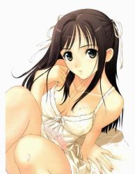 Rule 34 | 1girl, :o, arm support, bare shoulders, black eyes, breasts, brown hair, cleavage, collarbone, dress, hair ribbon, knees up, long hair, looking at viewer, medium breasts, parted lips, ribbon, sitting, sleeveless, solo, sundress, tagme, white background, white dress
