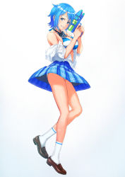 Rule 34 | 1girl, absurdres, bikini, bikini top only, blue bow, blue bowtie, blue eyes, blue hair, blue skirt, bow, bowtie, breasts, brown footwear, dress shirt, full body, grin, gun, highres, holding, holding gun, holding weapon, loafers, looking at viewer, medium breasts, miniskirt, off shoulder, open clothes, open shirt, original, pleated skirt, shirt, shoes, short hair, simple background, skirt, smile, socks, solo, standing, striped bikini, striped bikini top, striped bow, striped bowtie, striped clothes, striped neckwear, swimsuit, tuchinokoeffect, water gun, weapon, white background, white shirt, white socks