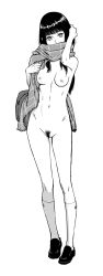Rule 34 | 1girl, bag, blunt bangs, breasts, female pubic hair, full body, greyscale, highres, kaburagi yuki, kneehighs, loafers, long hair, looking at viewer, monochrome, naked scarf, nipples, nude, original, pinup (style), pubic hair, scarf, school bag, shoes, simple background, socks, solo, white background