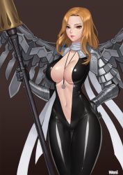 Rule 34 | 1girl, armor, artist name, between breasts, black bodysuit, blue eyes, bodysuit, breasts, center opening, gauntlets, hand on own hip, heterochromia, highres, impossible bodysuit, impossible clothes, jewelry, karmiel, lance, large breasts, lips, long hair, looking at viewer, mabinogi, mabinogi heroes, mechanical wings, necklace, orange eyes, orange hair, polearm, scarf, shoulder armor, solo, thick lips, weapon, white scarf, wings