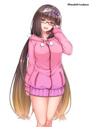 Rule 34 | 1girl, :d, adjusting eyewear, arm at side, blonde hair, blush, bow, breasts, brown hair, drawstring, fate/grand order, fate (series), feet out of frame, glasses, hair bow, hairband, half-closed eyes, hand up, head tilt, hood, hoodie, kouzuki tsubasa (musou kaidou), legs together, long hair, long sleeves, looking at viewer, low twintails, medium breasts, no pants, open mouth, osakabehime (fate), pink hoodie, pocket, pom pom (clothes), purple bow, red-framed eyewear, red eyes, simple background, sleeves past wrists, smile, solo, standing, thighs, twintails, twitter username, two-tone hairband, very long hair, white background, zipper