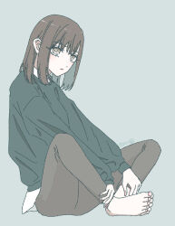 Rule 34 | 1girl, barefoot, blue sweater, brown eyes, brown hair, brown pants, closed mouth, commentary request, grey background, highres, long sleeves, looking at viewer, medium hair, original, pants, sakashima 0822, sidelocks, signature, simple background, sitting, solo, sweater