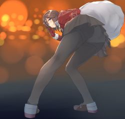 Rule 34 | 1girl, bent over, blush, brown hair, christmas, gift wrapping, hanaya (oegven9), hayasui (kancolle), highres, kantai collection, loafers, official alternate costume, panties, panties under pantyhose, pantyhose, pleated skirt, shoes, skirt, smile, solo, thighband pantyhose, underwear
