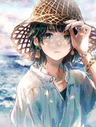 Rule 34 | 1girl, beach, beach towel, black skirt, cloud, cloudy sky, ear piercing, earrings, female focus, gem, gold trim, green eyes, green hair, hand on headwear, hand up, highres, horizon, jacket, jewelry, light brown hair, light particles, long hair, long sleeves, looking at viewer, lotion, nail, nail polish, ocean, seafloor, original, outdoors, photo-referenced, photo (medium), piercing, ring, ringlets, sand, shirt, skirt, sky, solo, sunscreen, towel, upper body, white jacket, white shirt, zasso (z87 w)