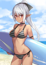 Rule 34 | 1girl, armband, bikini, breasts, choker, cleavage, closed mouth, cloud, cloudy sky, contrapposto, cowboy shot, dark-skinned female, dark elf, dark skin, day, earrings, elf, holding, holding behind back, jewelry, large breasts, long hair, original, outdoors, pointy ears, ponytail, red eyes, saiste, side-tie bikini bottom, silver hair, sky, smile, solo, stomach, striped bikini, striped clothes, surfboard, swimsuit