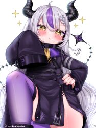 Rule 34 | 1girl, :&lt;, absurdres, ahoge, ascot, black horns, blush, braid, braided bangs, breasts, coat, coat dress, collar, hand on own hip, highres, hololive, horns, kanimanju, la+ darknesss, la+ darknesss (1st costume), looking at viewer, metal collar, multicolored hair, pointy ears, purple coat, purple hair, purple thighhighs, single thighhigh, sleeves past fingers, sleeves past wrists, small breasts, solo, streaked hair, striped horns, thighhighs, virtual youtuber, yellow ascot, yellow eyes