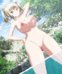 Rule 34 | 1girl, blonde hair, blush, breasts, censored, cleavage, female focus, iris (ochi mono rpg seikishi luvilias), large breasts, majin label, nude, ochi mono rpg seikishi luvilias, outdoors, partially submerged, partially underwater shot, pointy ears, pool, pussy, screencap, skinny dipping, solo, twintails, underwater, wading