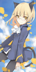 Rule 34 | 00s, 1girl, animal ears, bad id, bad pixiv id, blonde hair, cat ears, cat tail, glasses, long hair, looking at viewer, pantyhose, perrine h. clostermann, sasaki kouhei, smile, solo, strike witches, tail, uniform, world witches series, yellow eyes