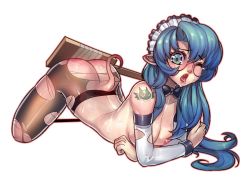 Rule 34 | 1girl, all fours, arched back, blue eyes, blue hair, blush, bow, bowtie, breasts, elbow gloves, fang, fengmo, glasses, gloves, highres, long hair, maid headdress, matching hair/eyes, medium breasts, nipples, one eye closed, paddle, pantyhose, simple background, slap mark, solo, spanking, sweat, tail, tattoo, tongue, tongue out, torn clothes, torn pantyhose