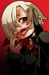 Rule 34 | 1girl, ayame hashinimasen, black cape, black sweater, blonde hair, blood, blood on face, cape, commentary, ear piercing, fangs, fingernails, hair over one eye, half-closed eyes, halloween, hand up, idolmaster, idolmaster cinderella girls, long sleeves, looking at viewer, open mouth, piercing, red background, red eyes, sharp fingernails, shirasaka koume, short hair, smile, solo, sweater, teeth, upper body, vampire