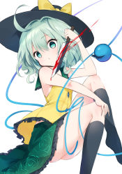 Rule 34 | ahoge, arm support, armpits, bare shoulders, black hat, black thighhighs, blood, bloody knife, bloody weapon, bow, collar, collared shirt, diieru, eyeball, floral print, frilled collar, frills, green eyes, green hair, green skirt, hand on leg, hat, hat ribbon, highres, holding, holding weapon, knife, komeiji koishi, ribbon, shirt, simple background, sitting, skirt, sleeveless, sleeveless shirt, string, thighhighs, third eye, touhou, wavy hair, weapon, white background, yellow bow, yellow ribbon, yellow shirt